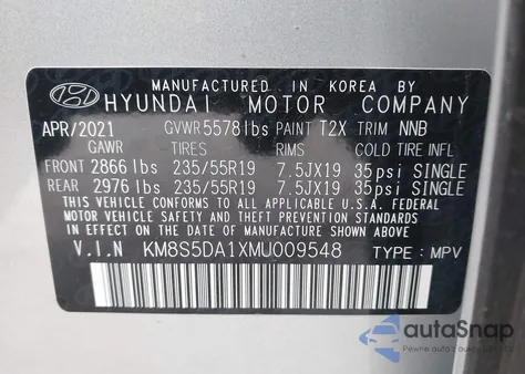 2021 Hyundai Santa Fe Hybrid Limited z USA, uszkodzony, nr VIN KM8S5DA1XMU009548